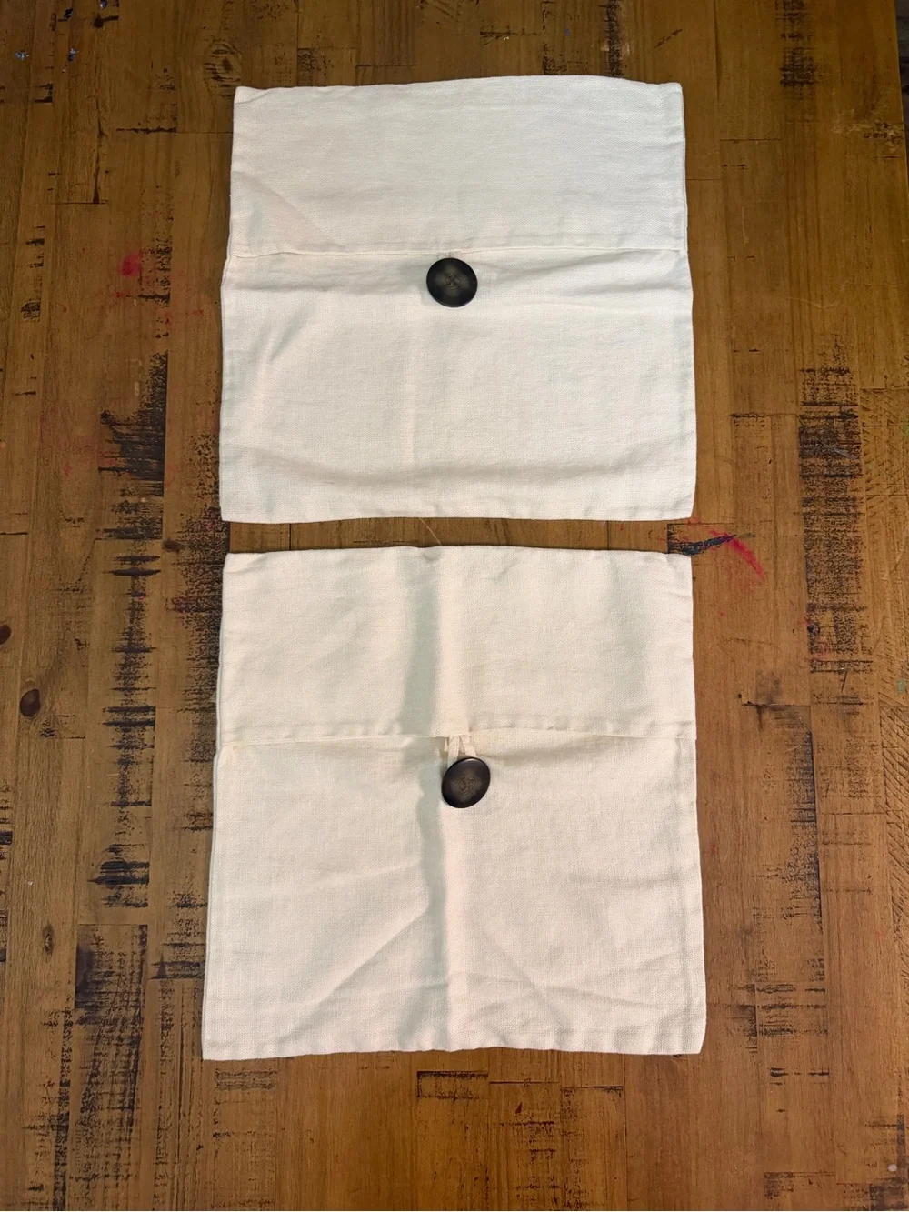 2 Pottery Barn Cream Square Linen Pillow Covers with Dark Button Accent 18”x18”